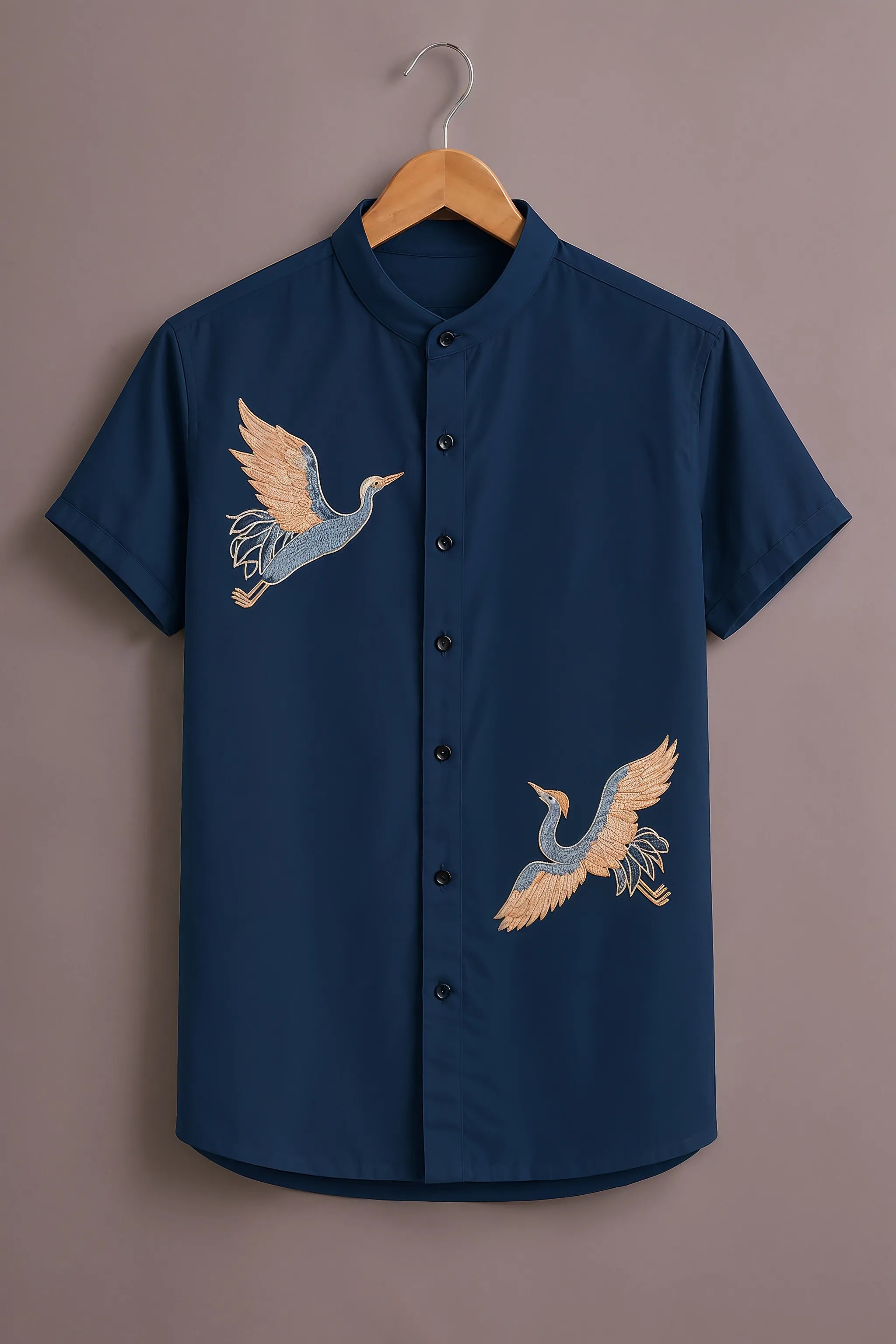 Men's Navy Blue Crane Style Printed Shirt