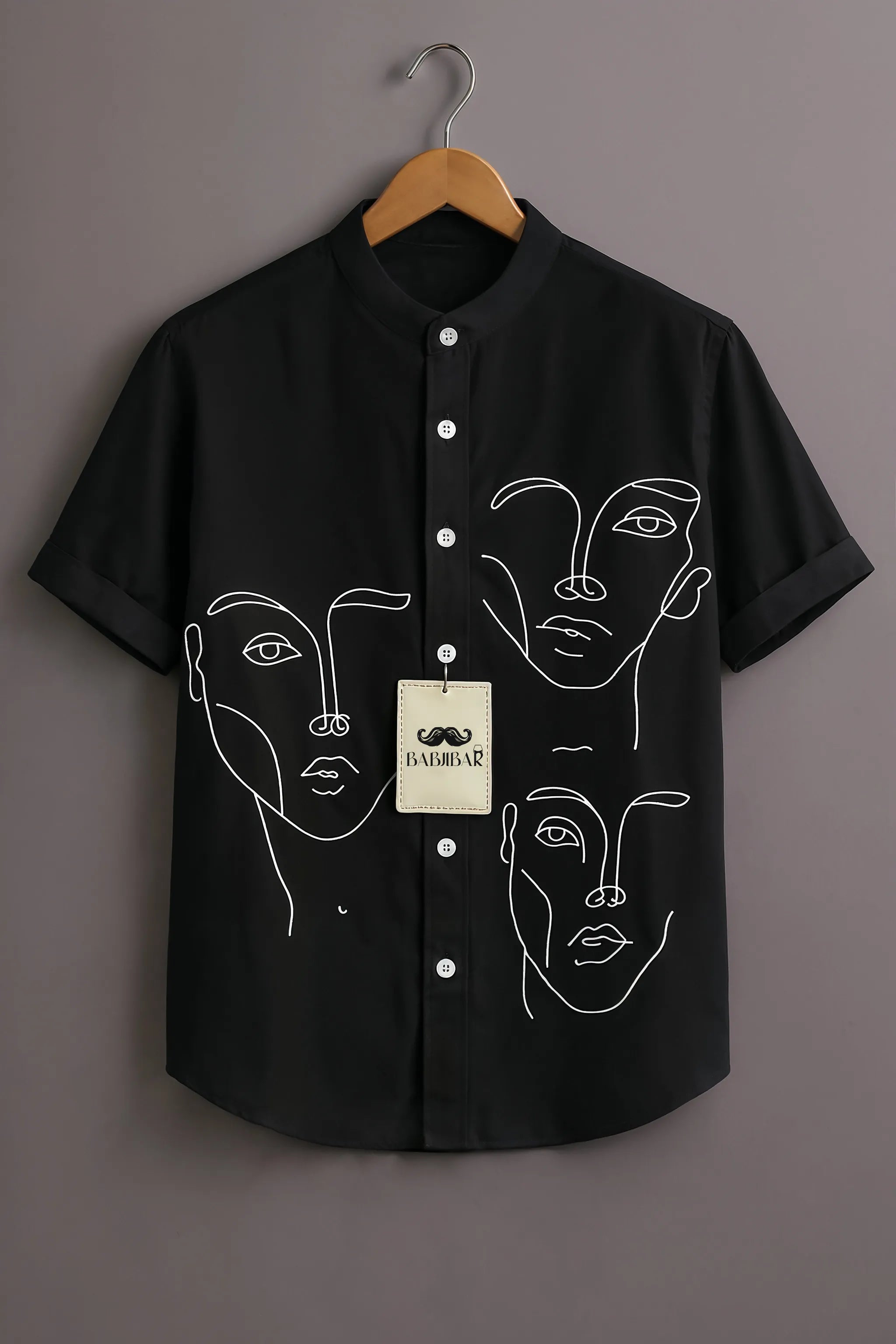 Men’s Black Abstract Face Line Art Mandarin Collar Shirt