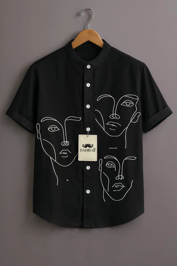 Men’s Black Abstract Face Line Art Mandarin Collar Shirt
