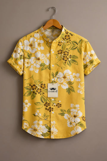 Men’s Yellow Floral Print Mandarin Collar Shirt