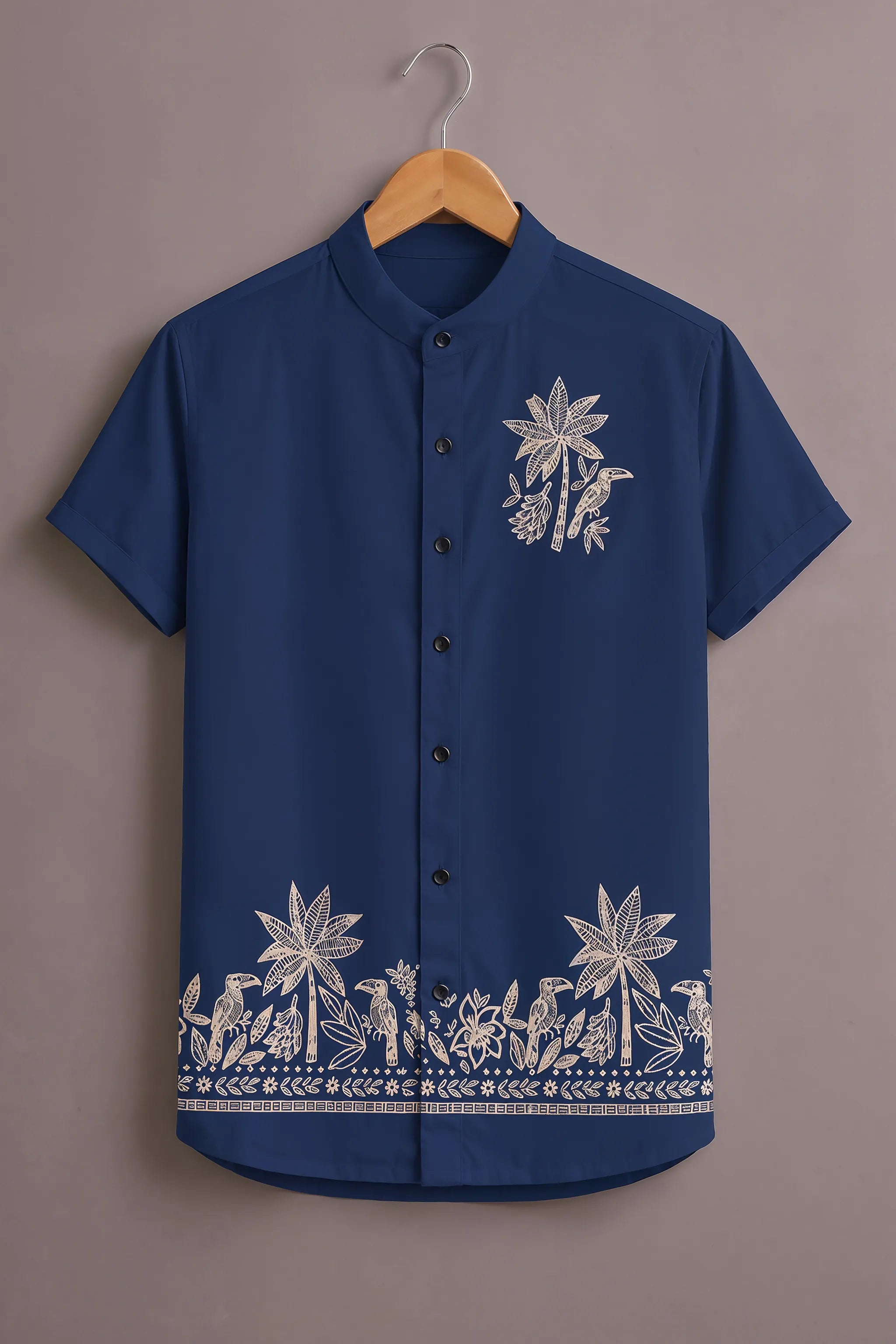 Men's Royal Blue Tropical Bird Printed Shirt
