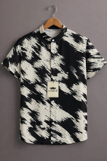 Men’s Black Abstract Brush Print Mandarin Collar Shirt