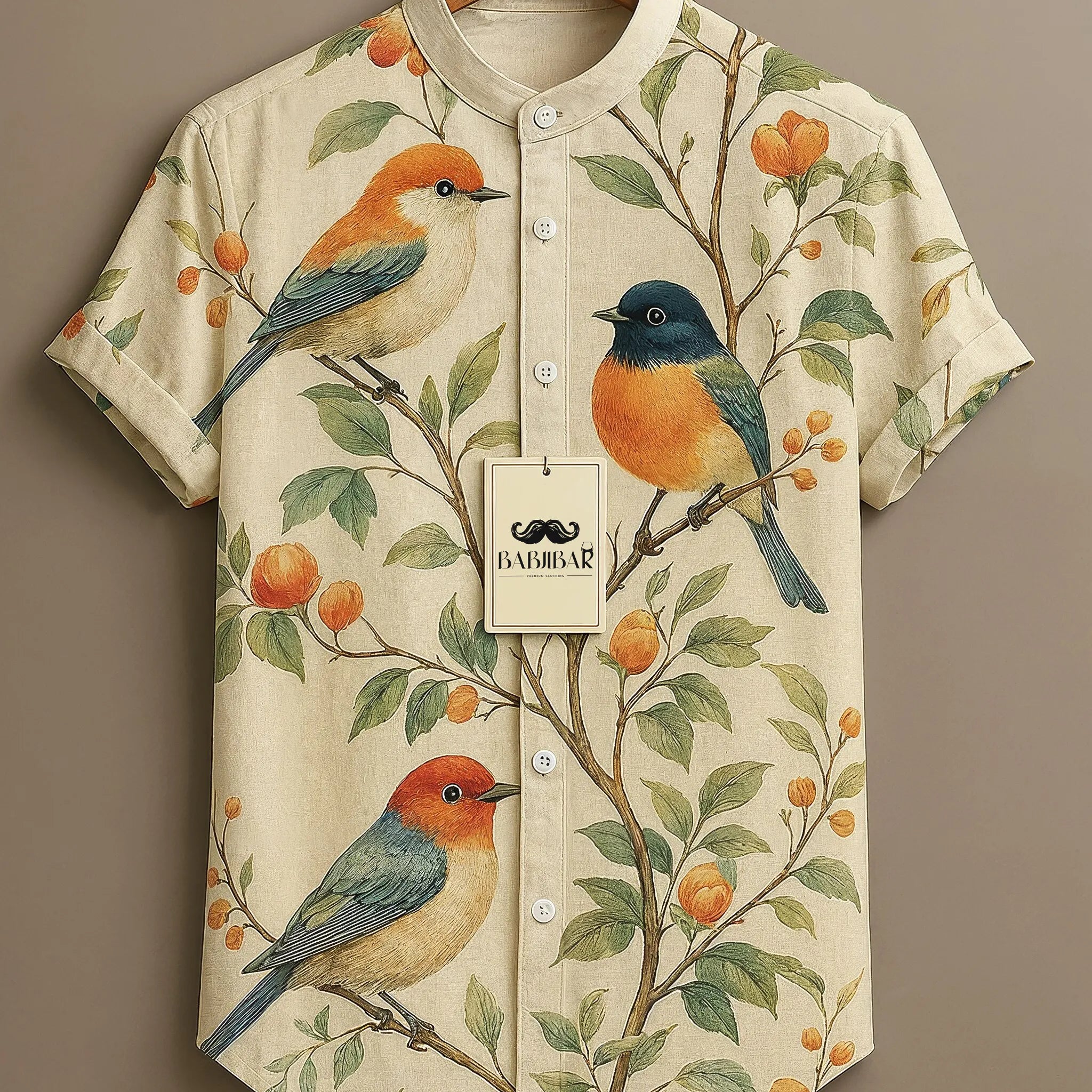Cream Botanical Birds Printed Short Sleeve Shirt