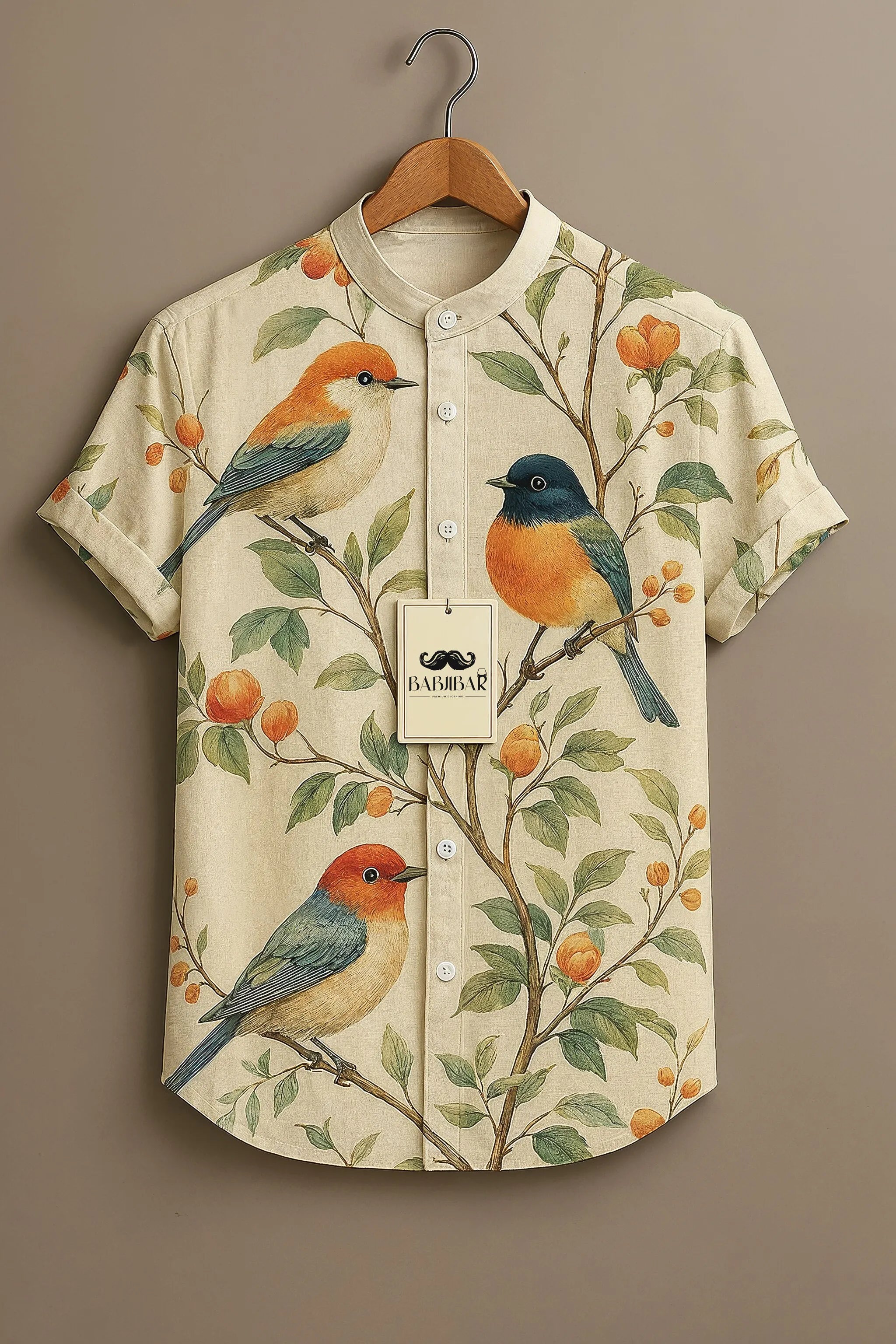 Cream Botanical Birds Printed Short Sleeve Shirt