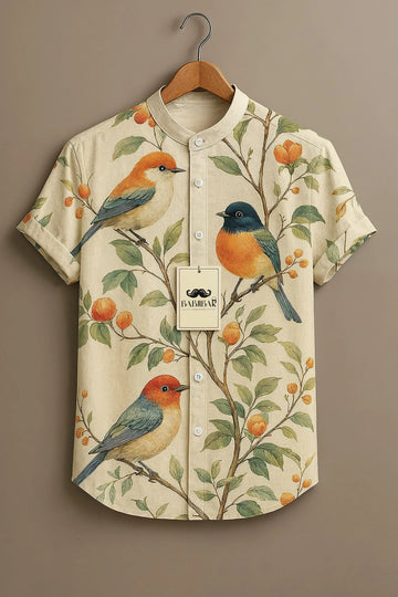 Cream Botanical Birds Printed Short Sleeve Shirt