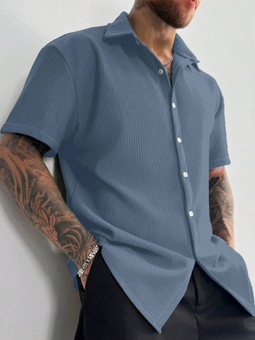Men’s Ribbed Texture Half Sleeve Shirt – Ocean Blue