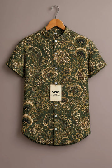 Men’s Olive Heritage Floral Mandarin Collar Shirt