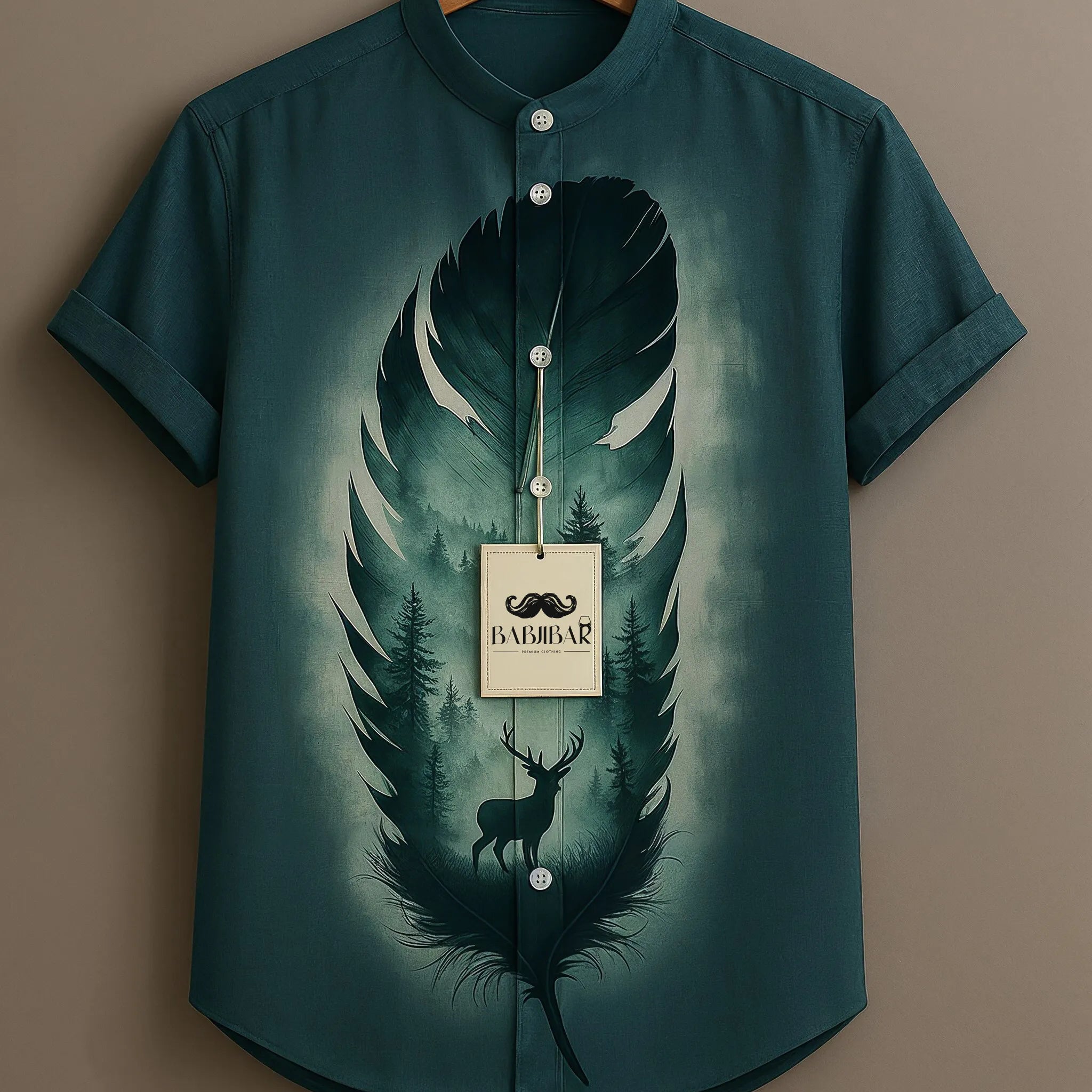 Deep Green Feather Forest Deer Printed Short Sleeve Shirt