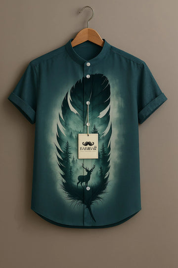 Deep Green Feather Forest Deer Printed Short Sleeve Shirt