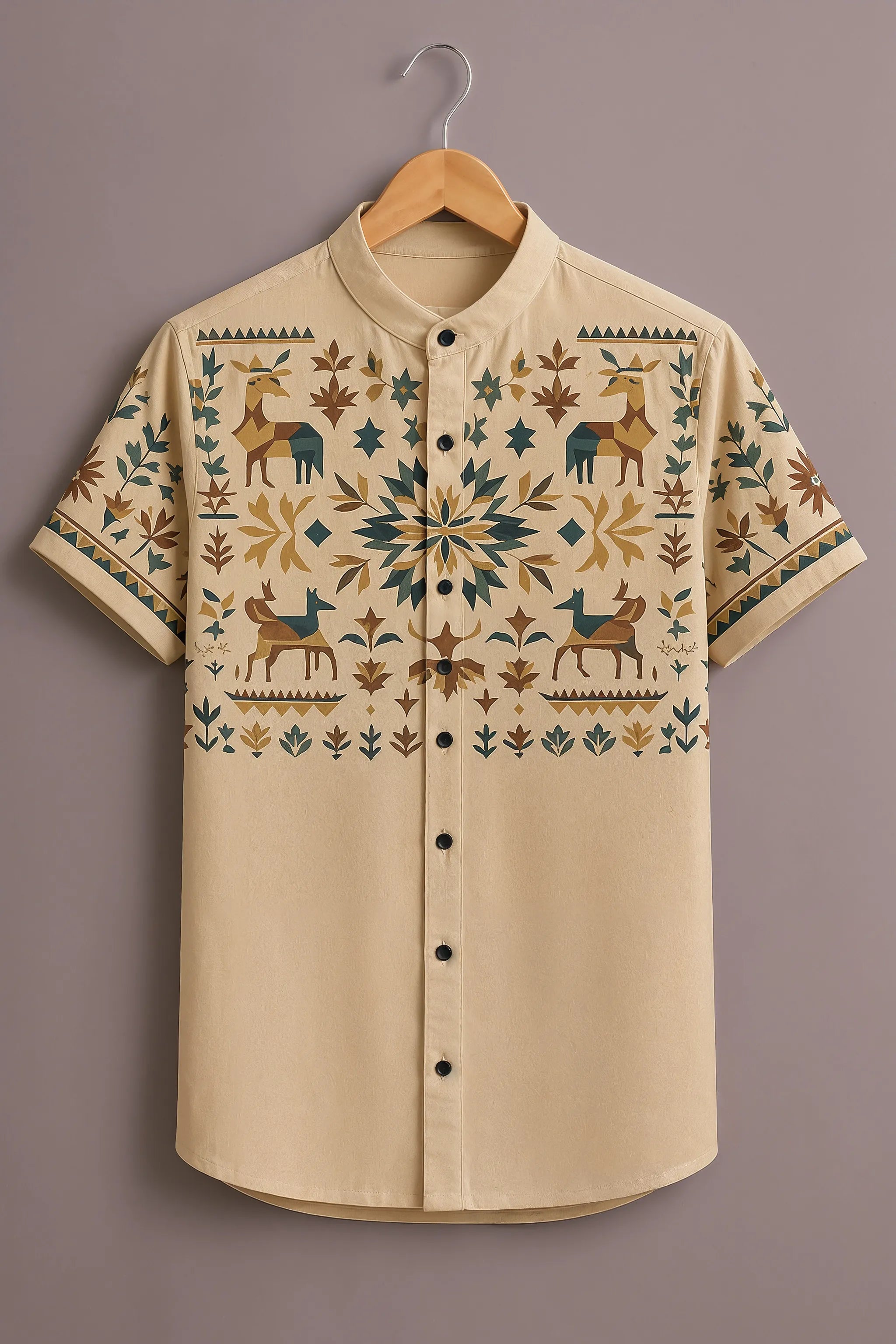 Men's Beige Deer Folk Art Printed Shirt