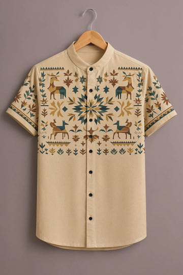 Men's Beige Deer Folk Art Printed Shirt