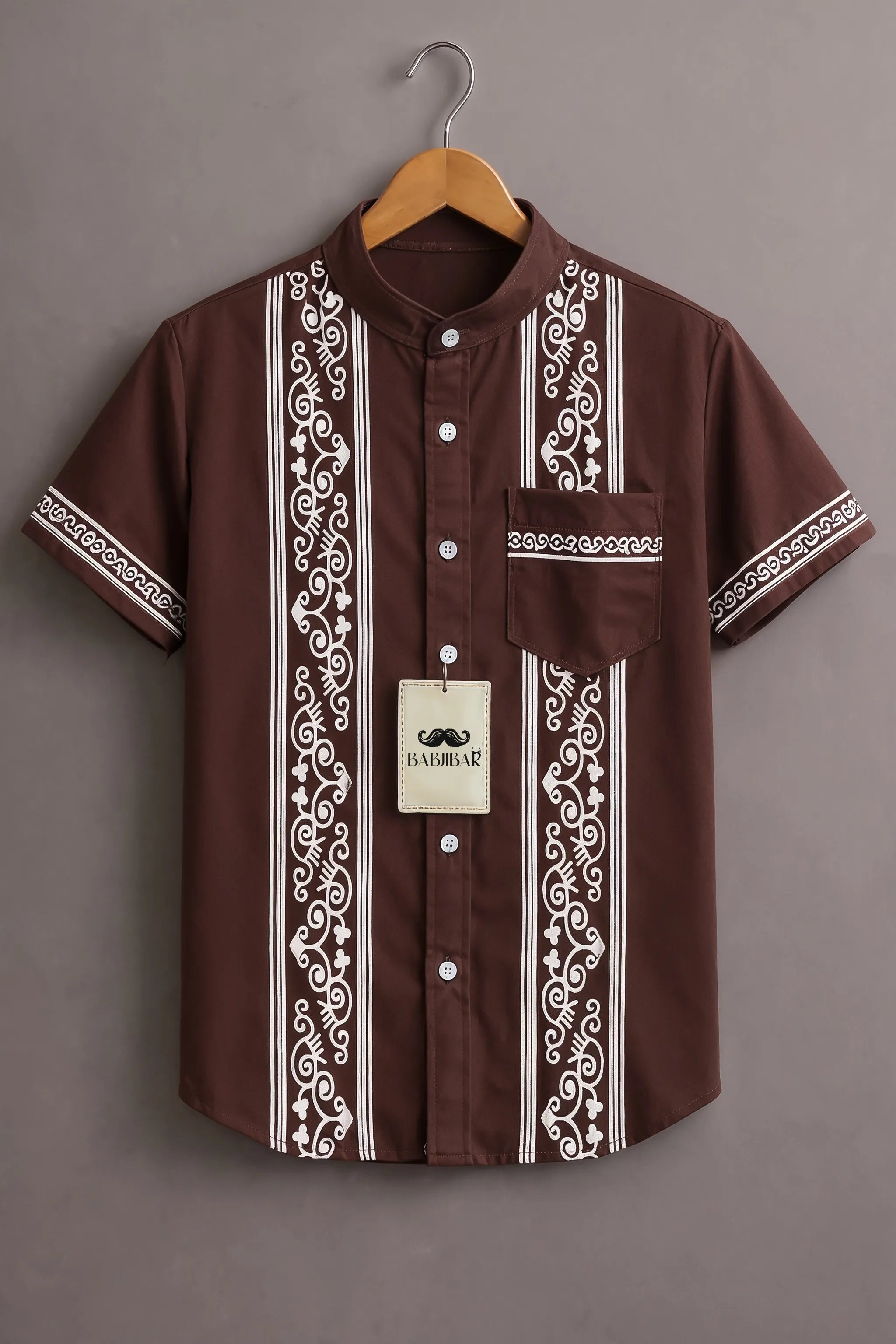 Men’s Brown Tribal Stripe Mandarin Collar Shirt