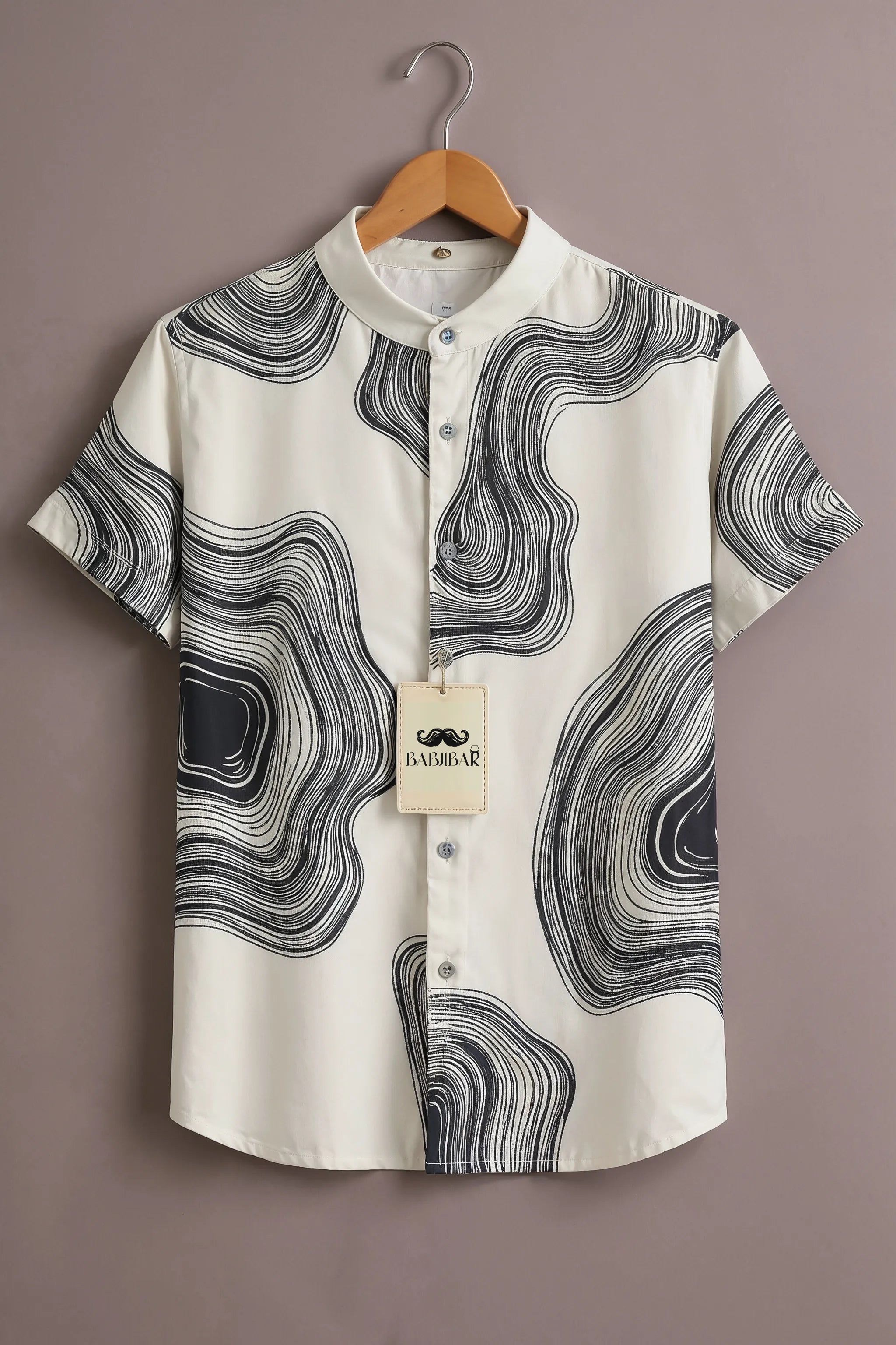 Men’s White Abstract Contour Print Mandarin Collar Shirt