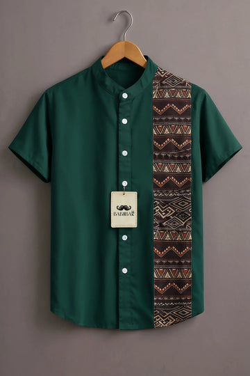 Men’s Deep Green Tribal Panel Mandarin Collar Shirt