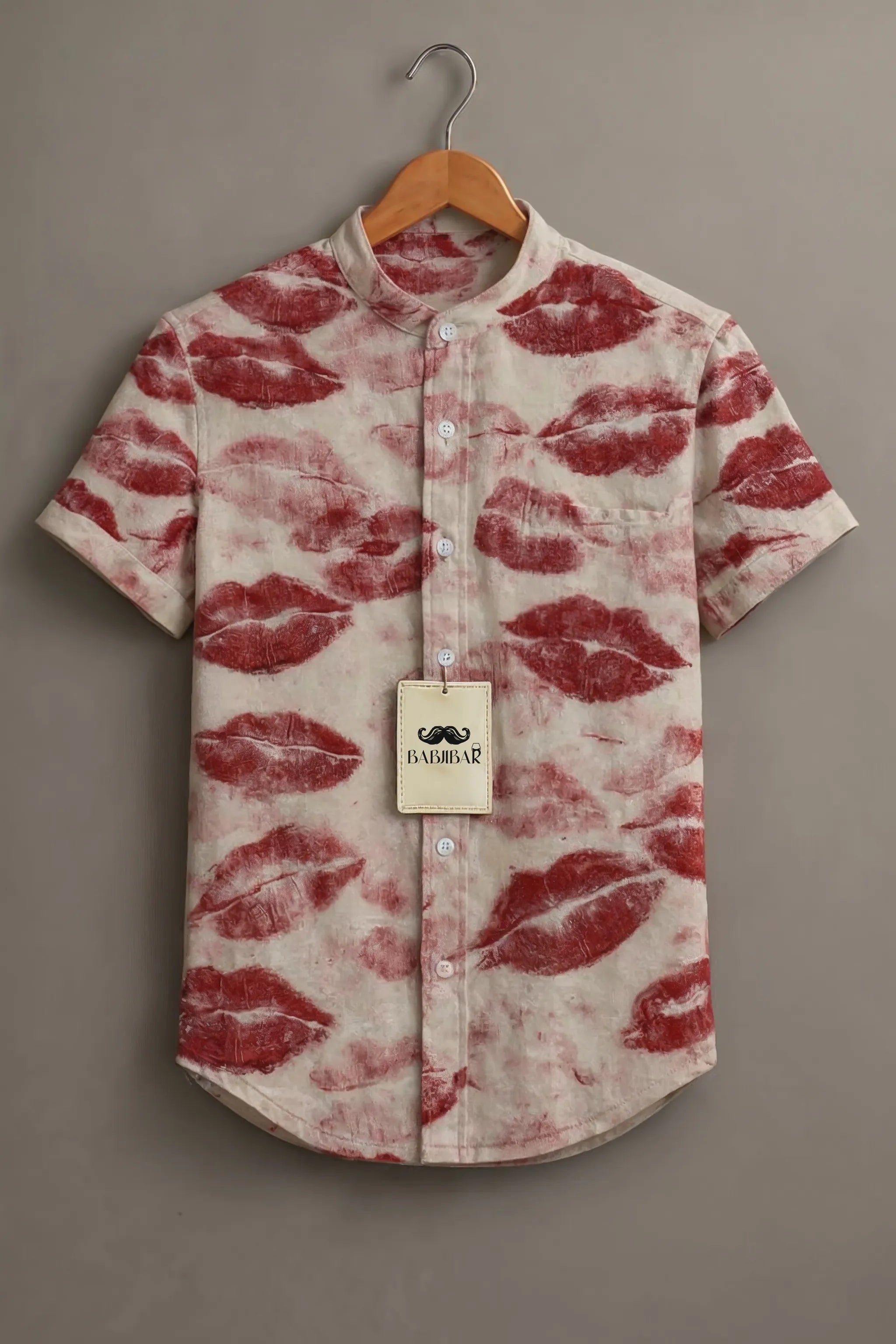 Men’s Cream Lip Print Mandarin Collar Shirt