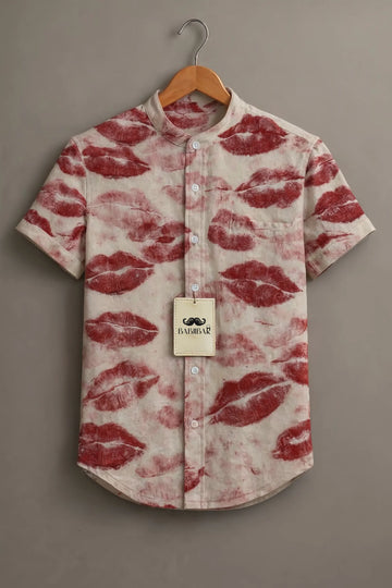 Men’s Cream Lip Print Mandarin Collar Shirt