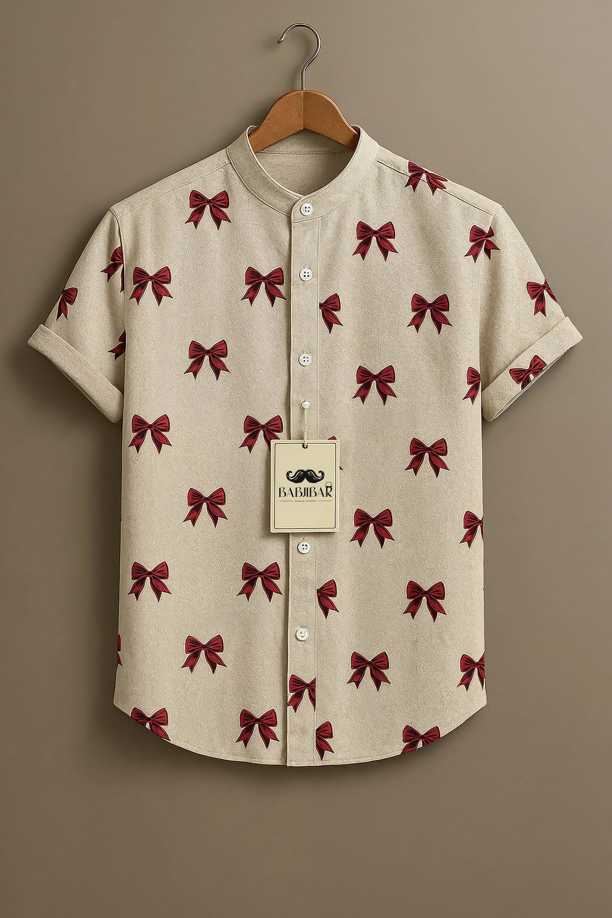 Beige Red Bow All-Over Print Short Sleeve Shirt