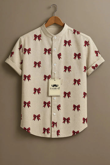 Beige Red Bow All-Over Print Short Sleeve Shirt