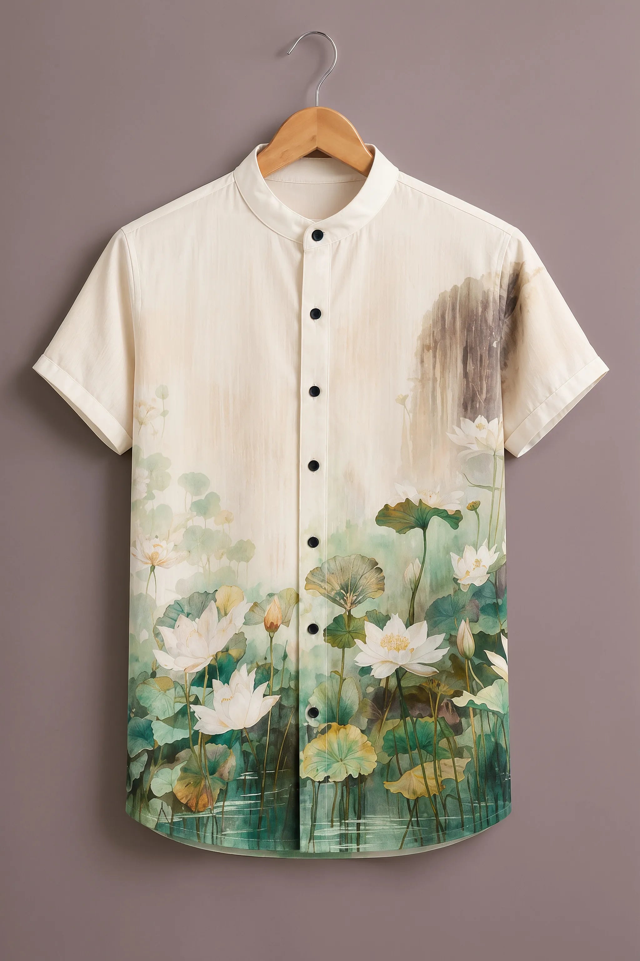 Men's White Lotus Pond Printed Shirt