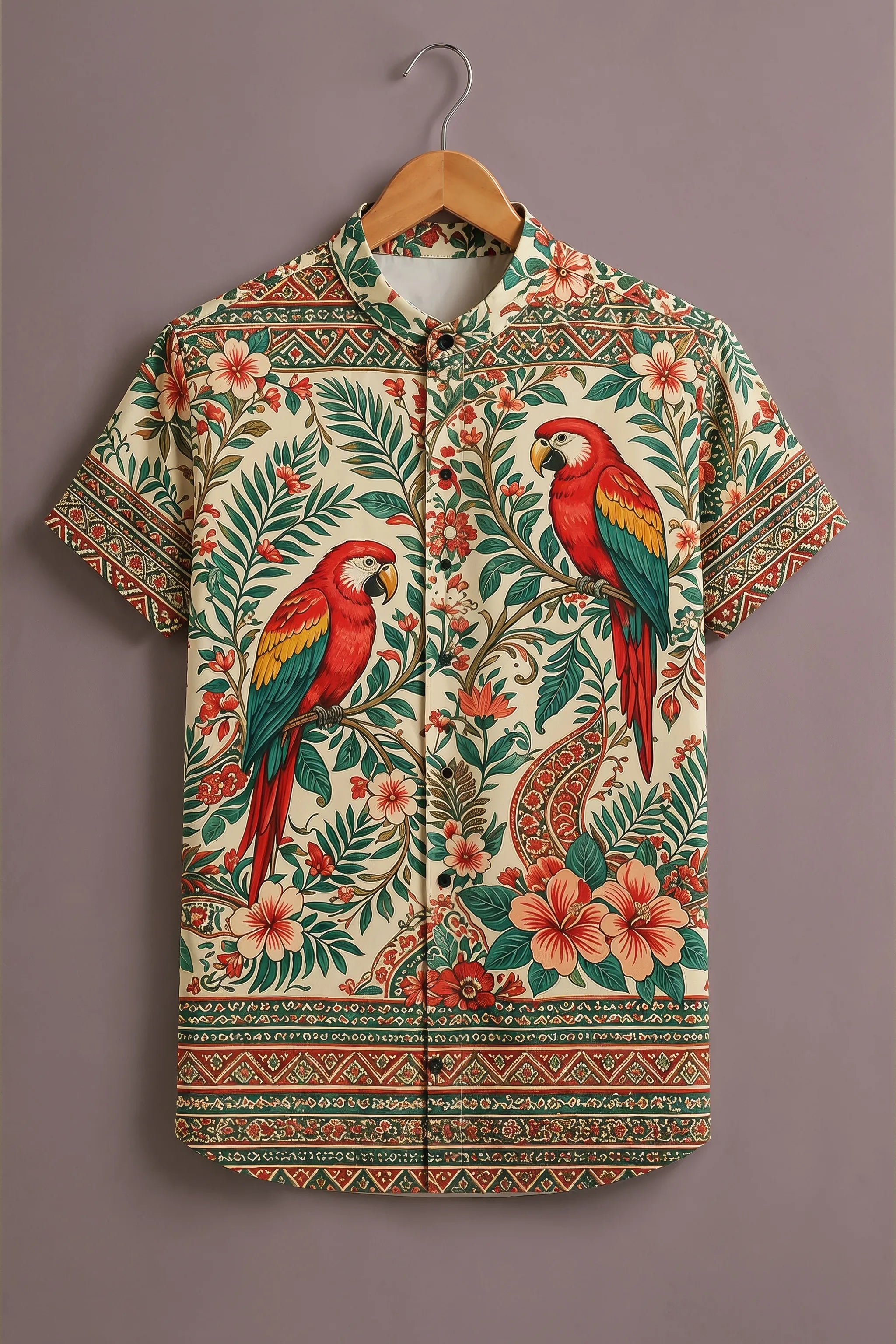 Men's Cream Tropical Parrot Printed Shirt