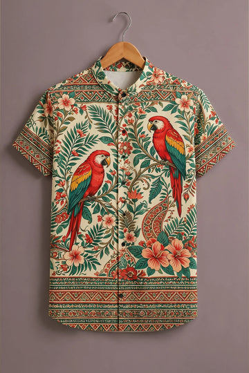 Men's Cream Tropical Parrot Printed Shirt