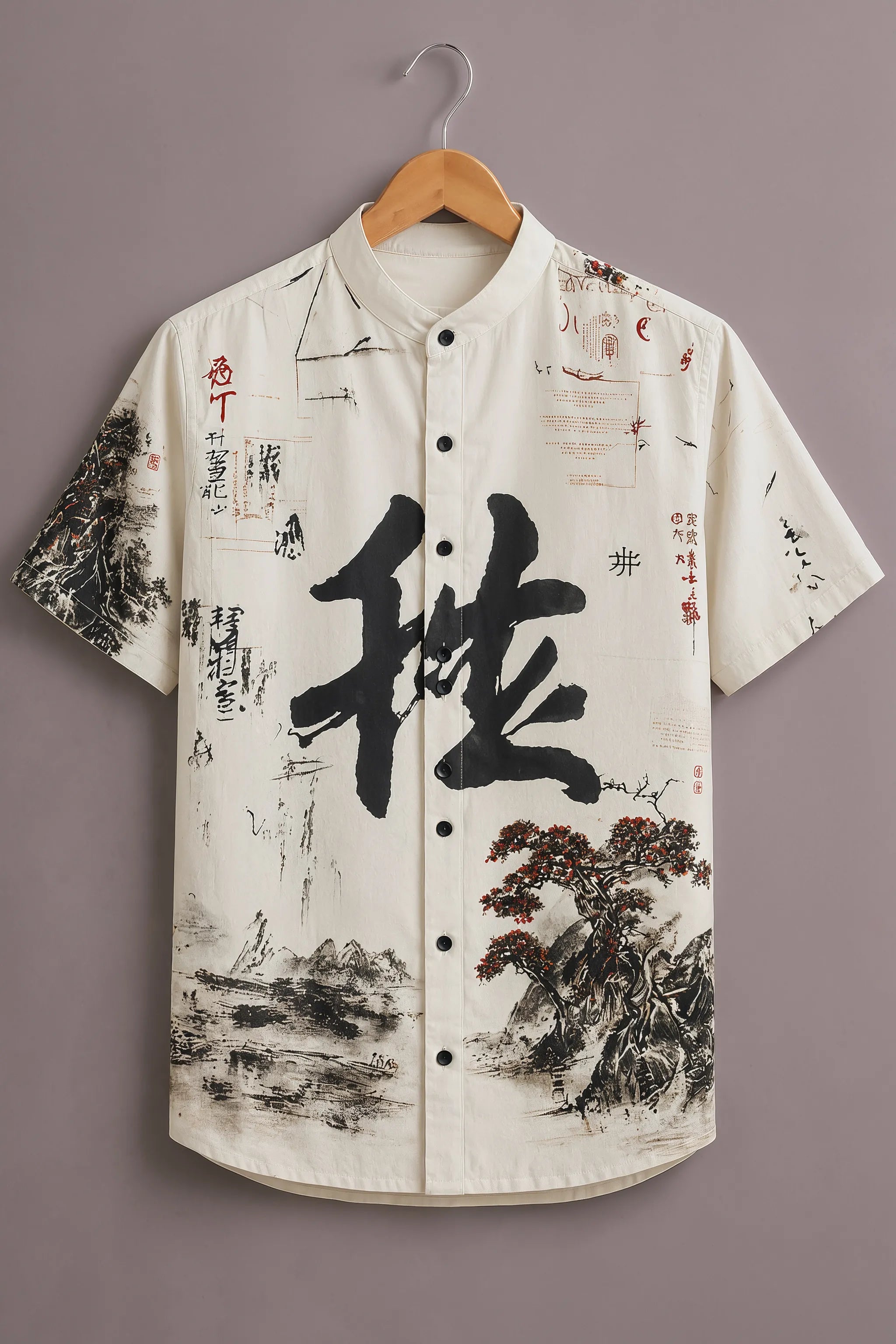 Men's White Zen Calligraphy Printed Shirt