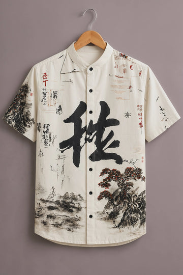 Men's White Zen Calligraphy Printed Shirt