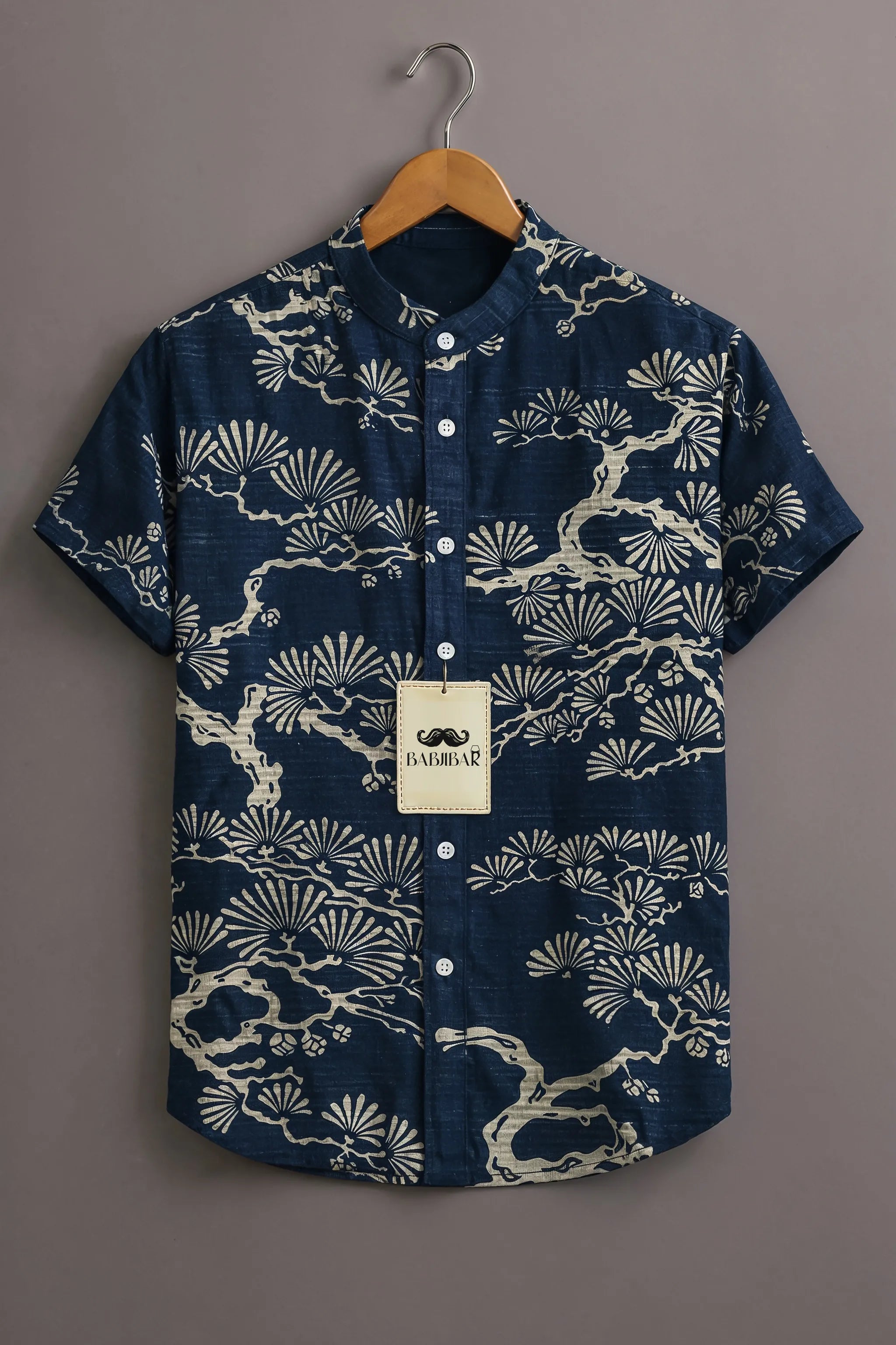 Men’s Navy Heritage Pine Print Mandarin Collar Shirt