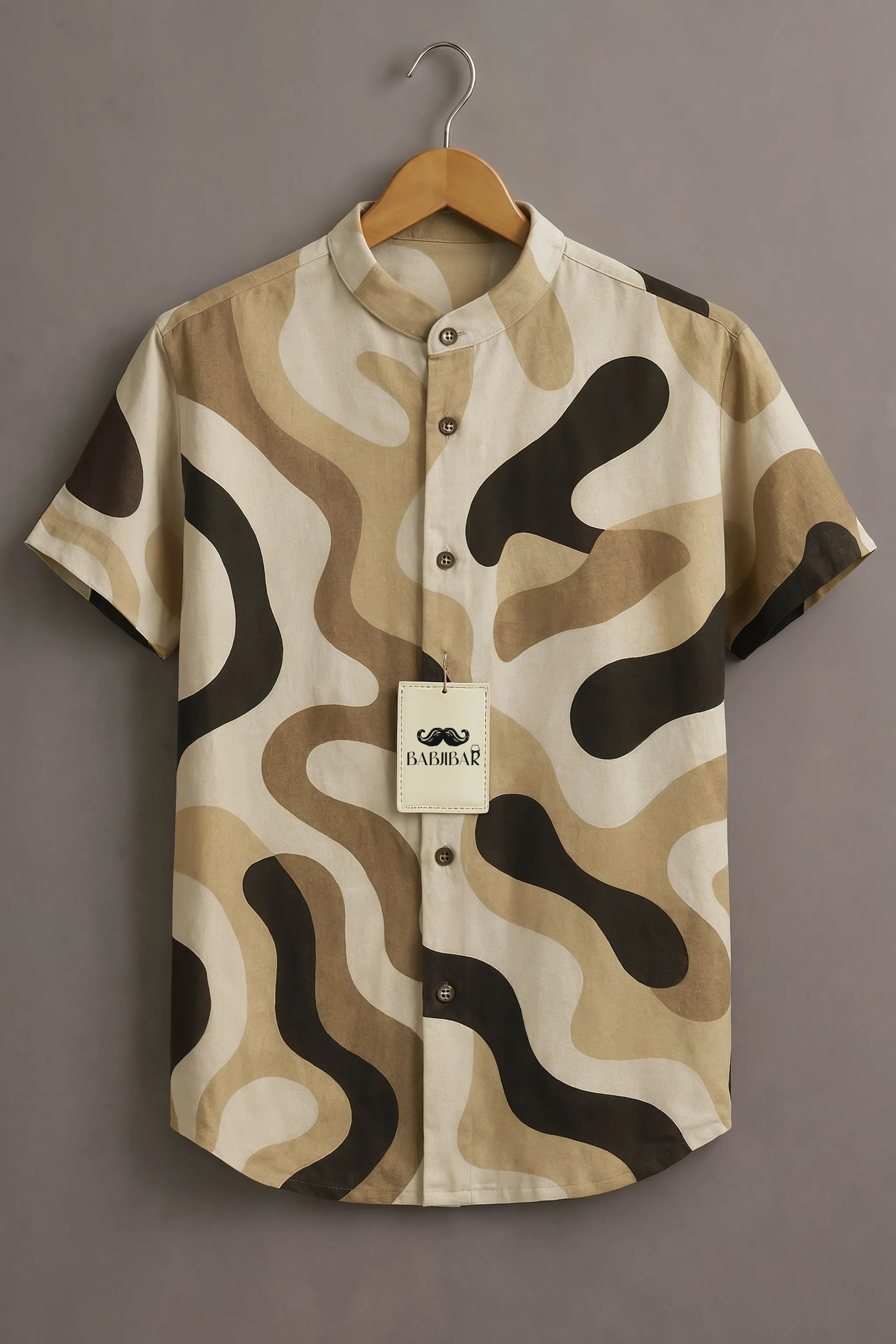 Men’s Abstract Wave Print Mandarin Collar Shirt