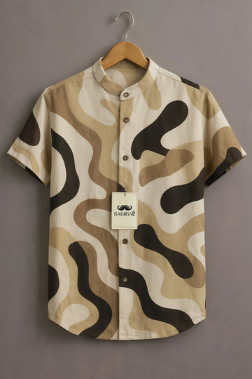 Men’s Abstract Wave Print Mandarin Collar Shirt