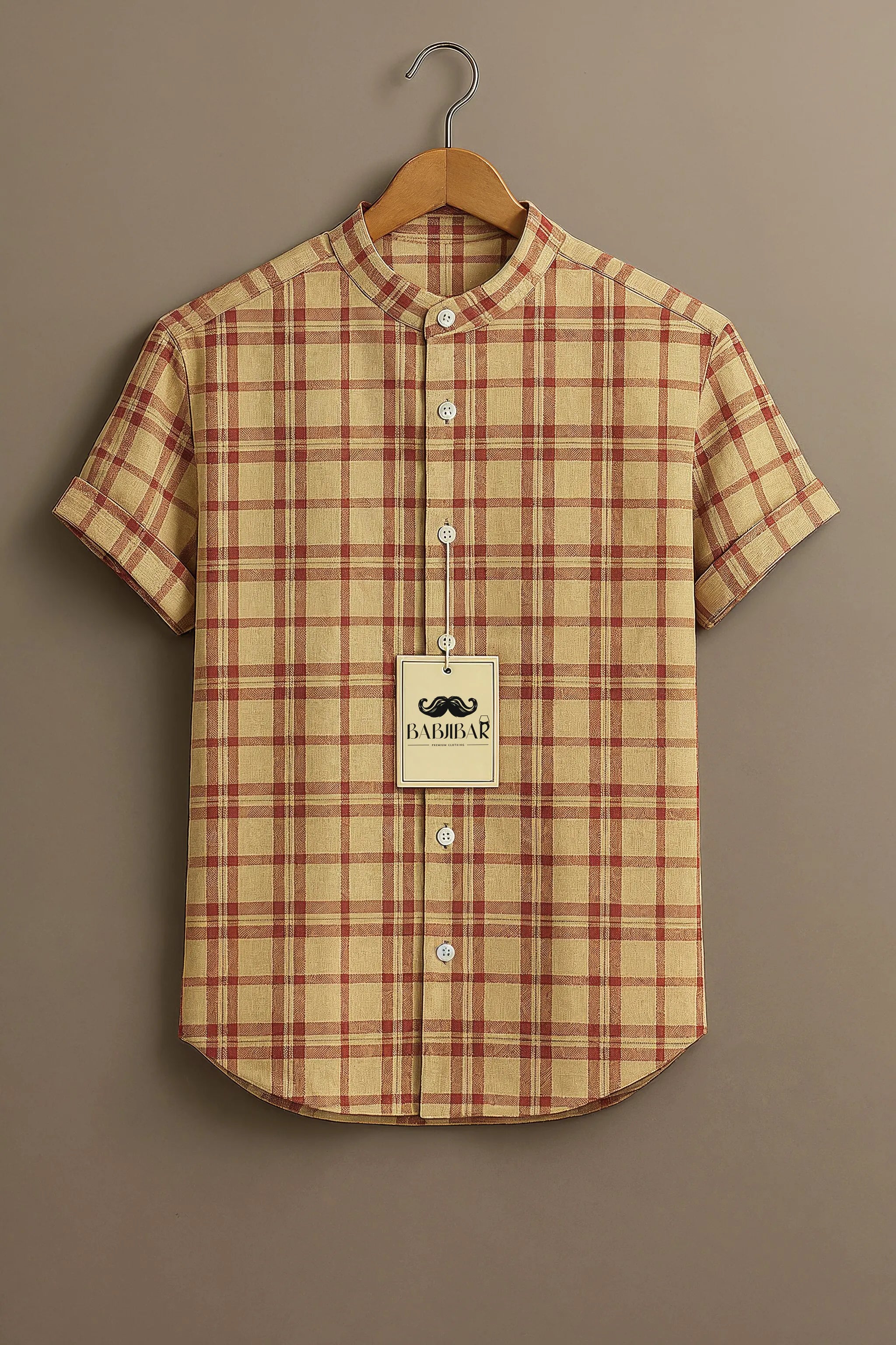 Beige Red Checkered Short Sleeve Shirt