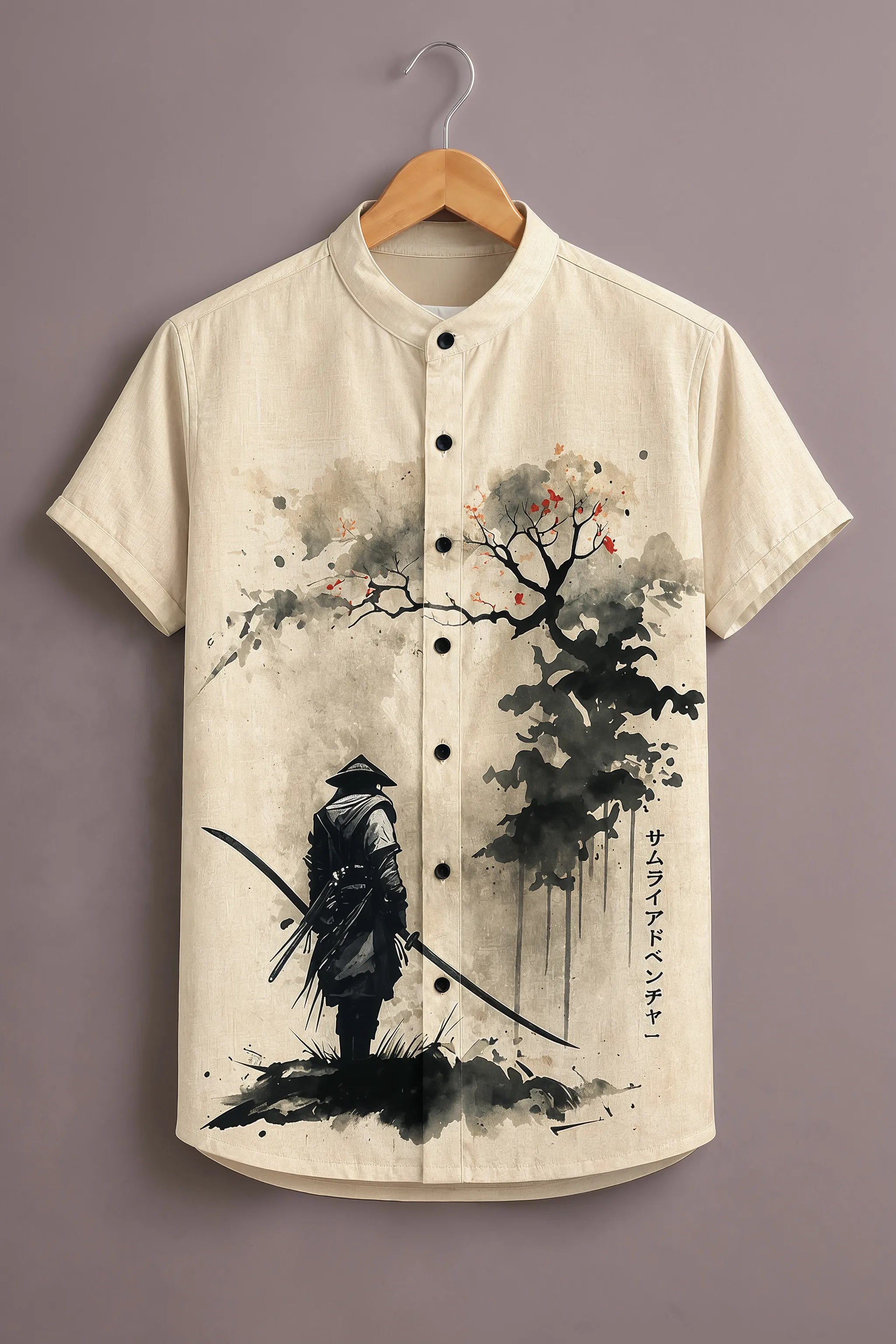 Men's Beige Samurai Ink Art Printed Shirt