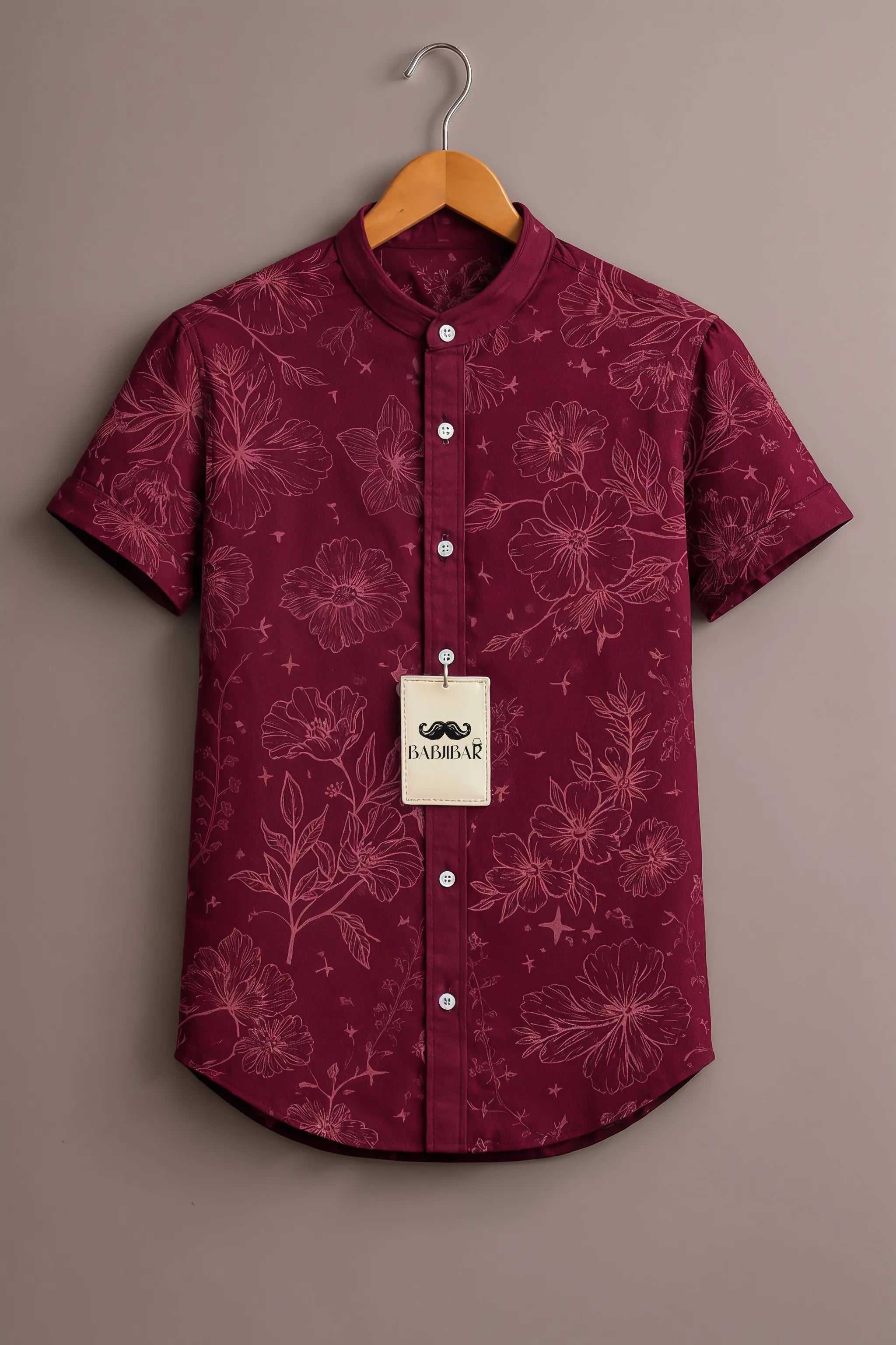 Men’s Wine Floral Print Mandarin Collar Shirt