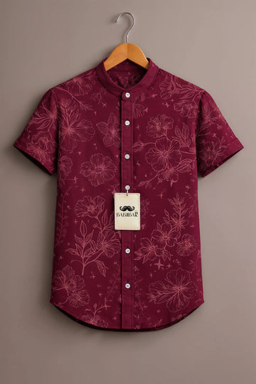 Men’s Wine Floral Print Mandarin Collar Shirt