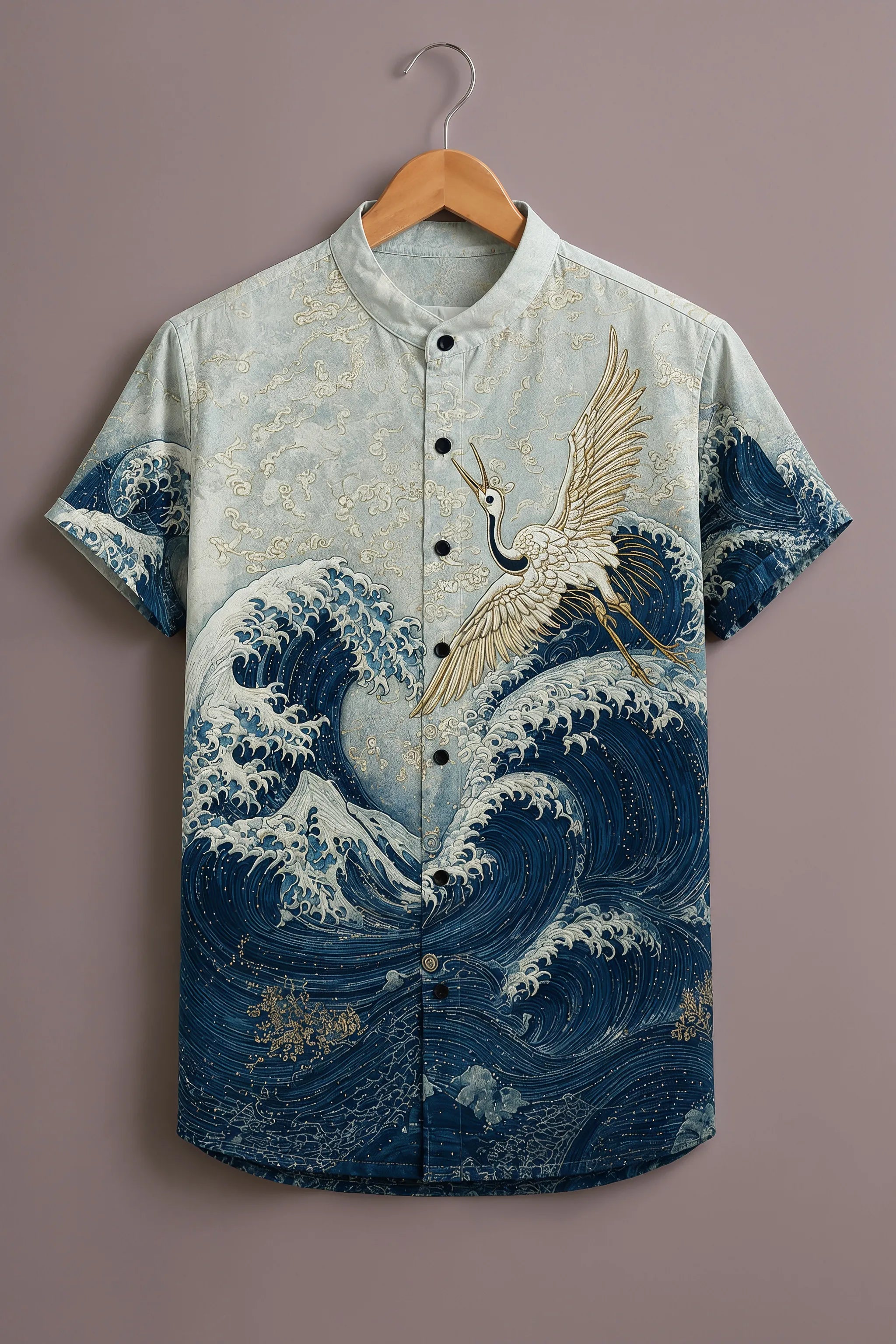 Men's Blue Japanese Wave & Crane Printed Shirt