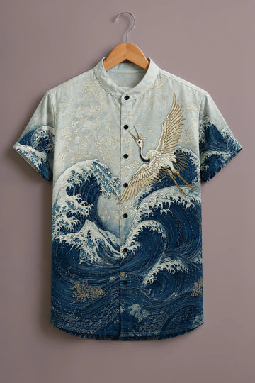 Men's Blue Japanese Wave & Crane Printed Shirt