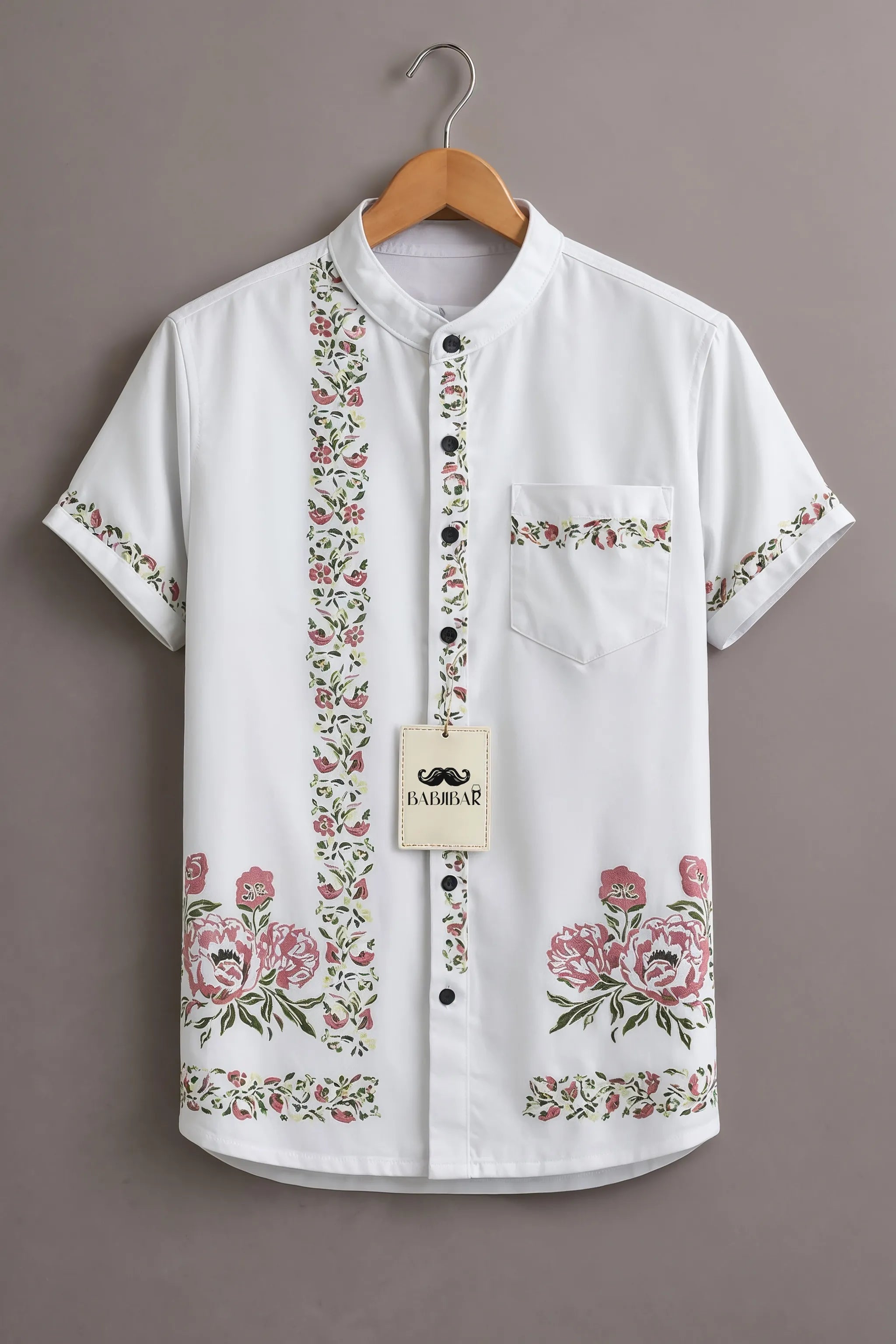 Men’s White Floral Border Mandarin Collar Shirt