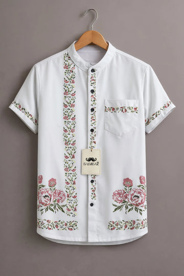 Men’s White Floral Border Mandarin Collar Shirt