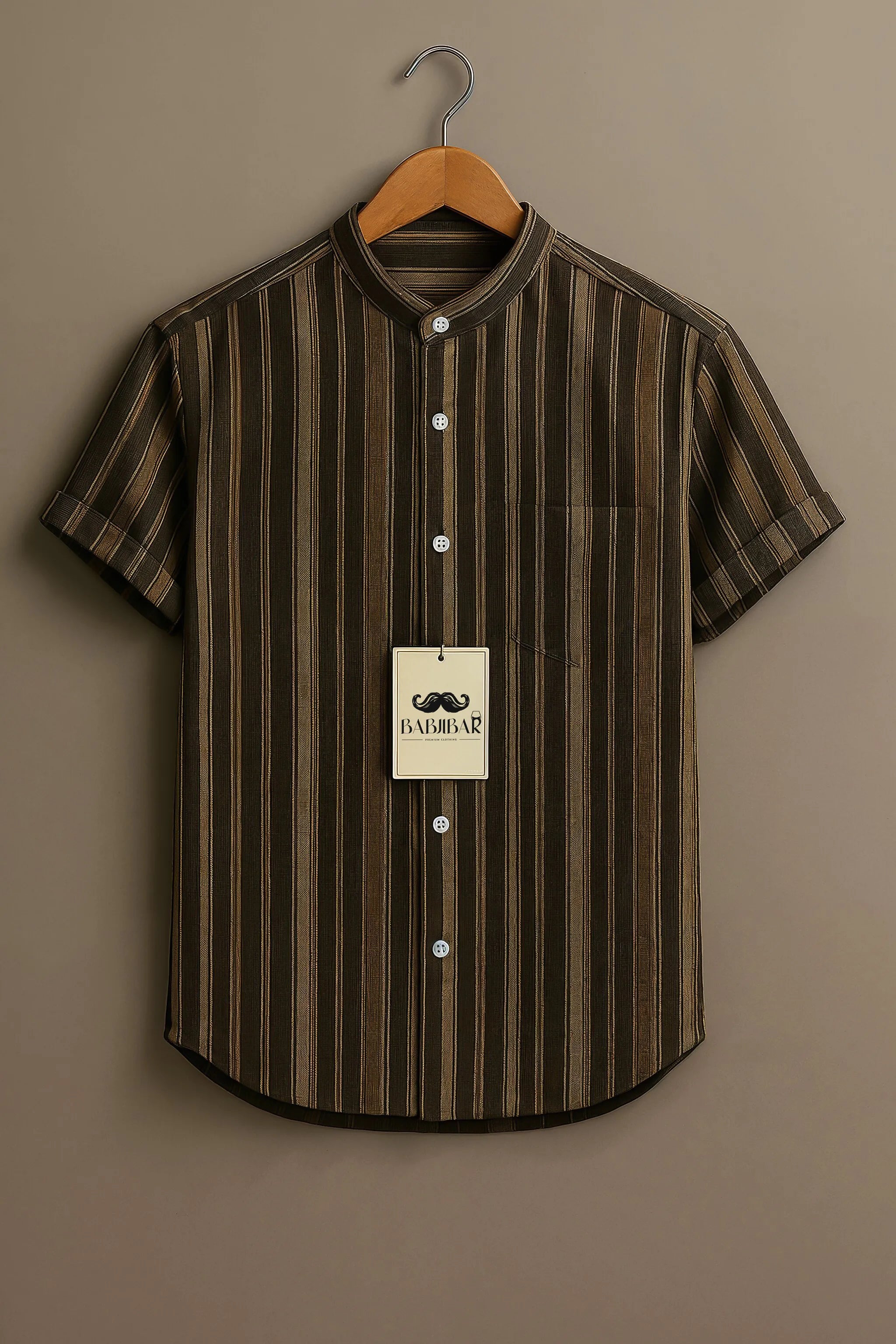 Vintage Olive Brown Striped Short Sleeve Shirt