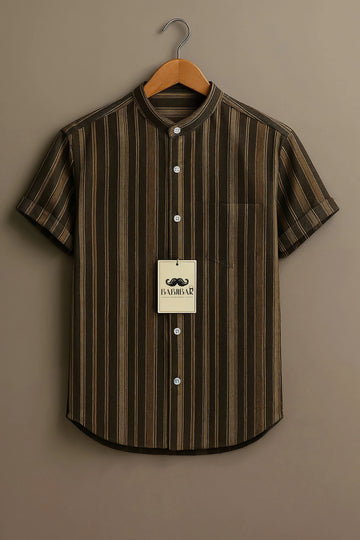 Vintage Olive Brown Striped Short Sleeve Shirt