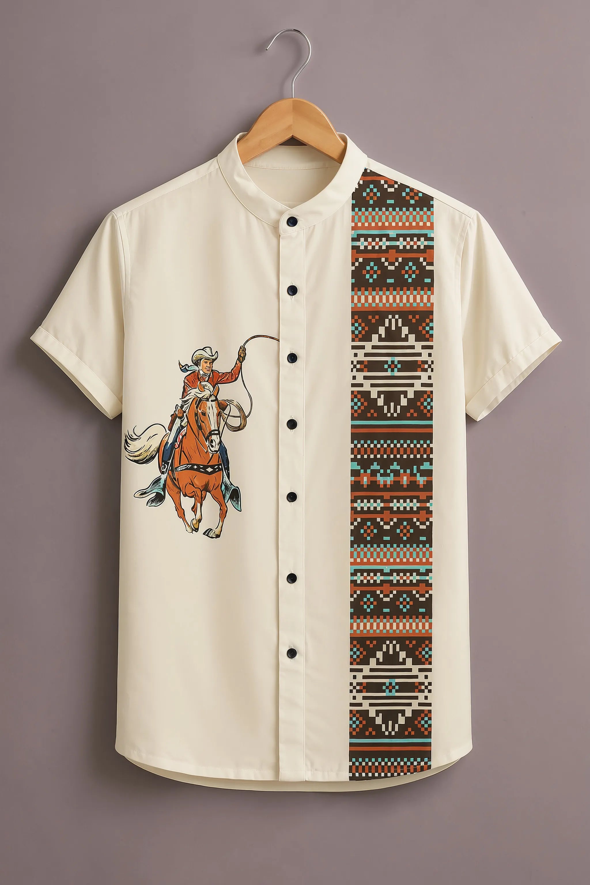 Men's Cream Cowboy Rider Printed Shirt