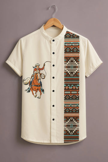 Men's Cream Cowboy Rider Printed Shirt