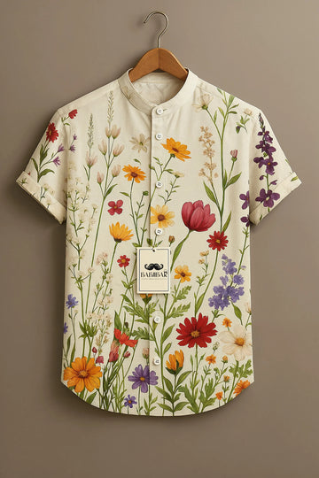 Cream Wildflower Botanical Printed Short Sleeve Shirt