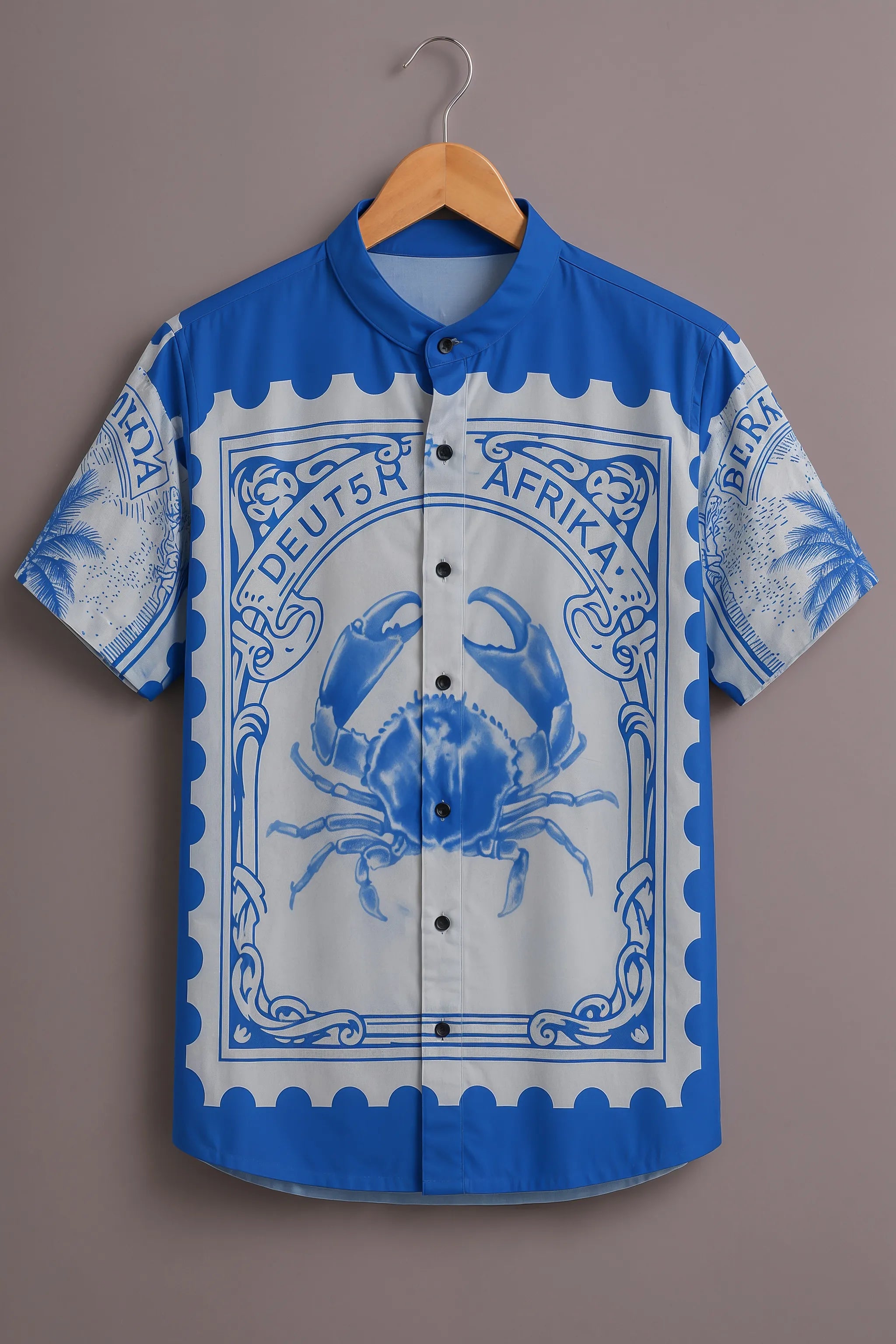 Men's Blue Vintage Crab Stamp Printed Shirt