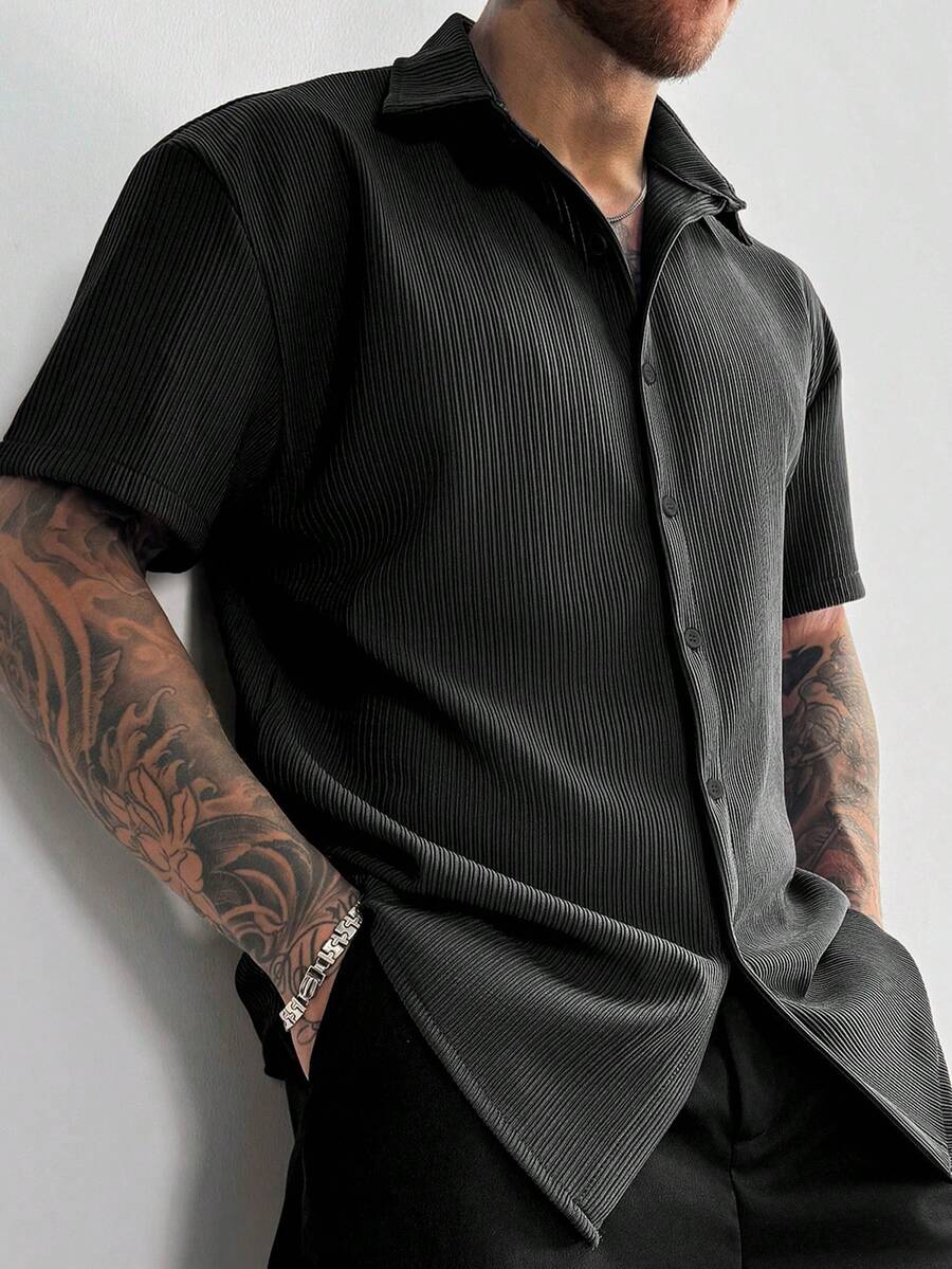 Men’s Ribbed Texture Half Sleeve Shirt – Midnight Black