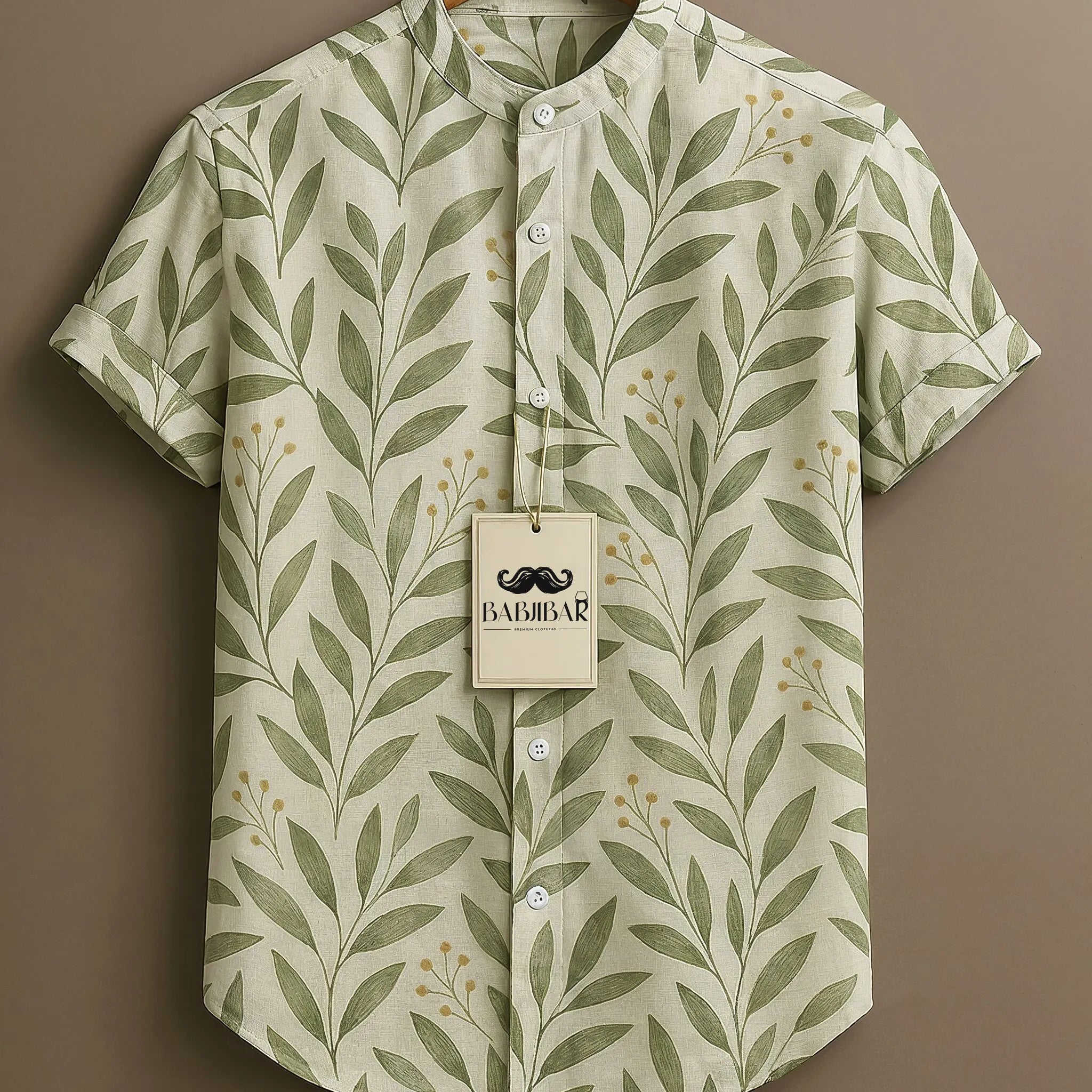 Cream Green Leaf Botanical Printed Short Sleeve Shirt