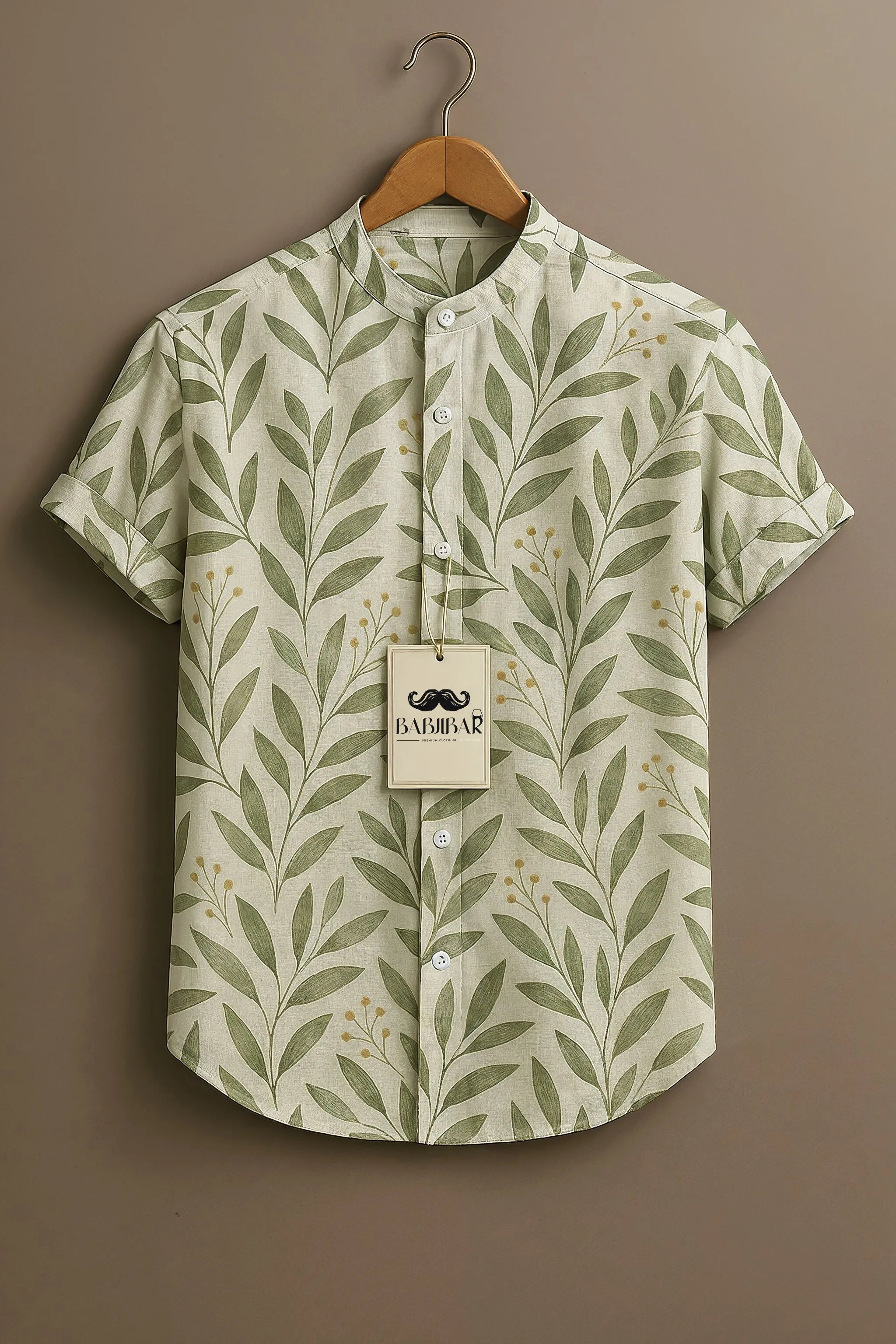 Cream Green Leaf Botanical Printed Short Sleeve Shirt
