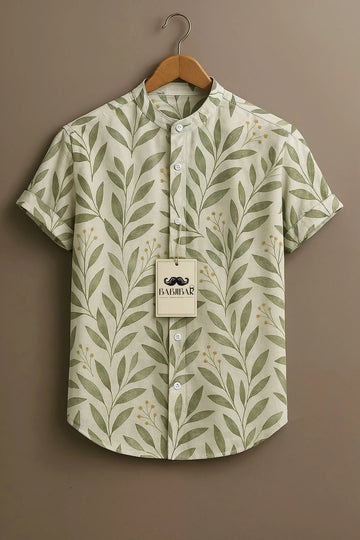 Cream Green Leaf Botanical Printed Short Sleeve Shirt