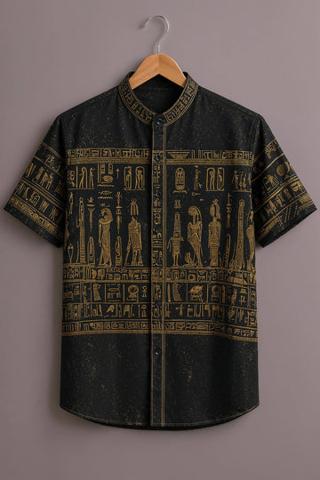Men's Black Egyptian Hieroglyph Panel Printed Shirt