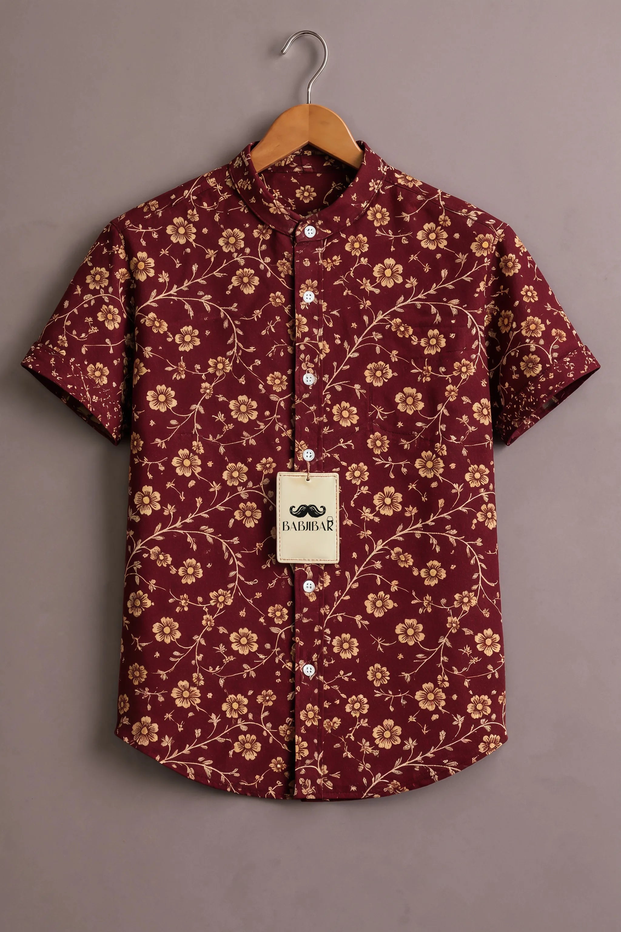 Men’s Maroon Floral Vine Mandarin Collar Shirt